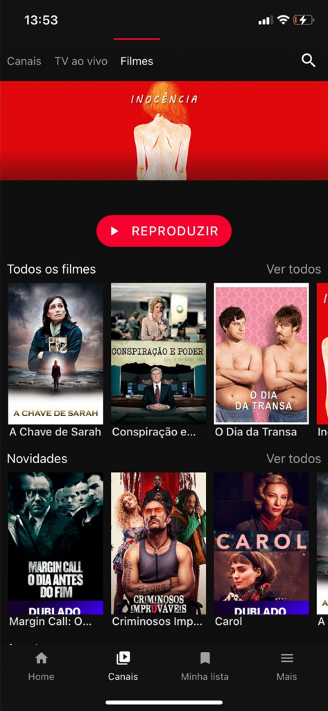 ITTV Plus - Interface do aplicativo ITTV Plus mostrando um catálogo de filmes em português com categorias como Todos os Filmes e Lançamentos.
