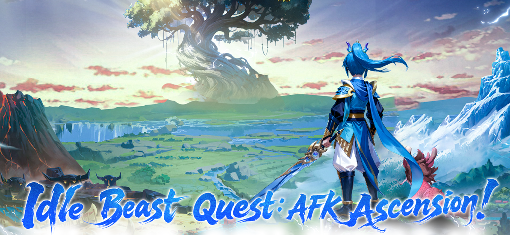 Beast's Creed - A blue haired warrior overlooking a fantasy landscape with a giant glowing tree