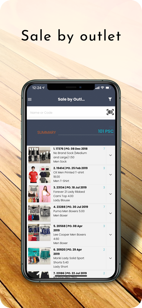 Zand Inventory - Zand Inventory App zeigt eine Umsatzübersicht und Produktliste nach Verkaufsstelle auf einem iPhone an