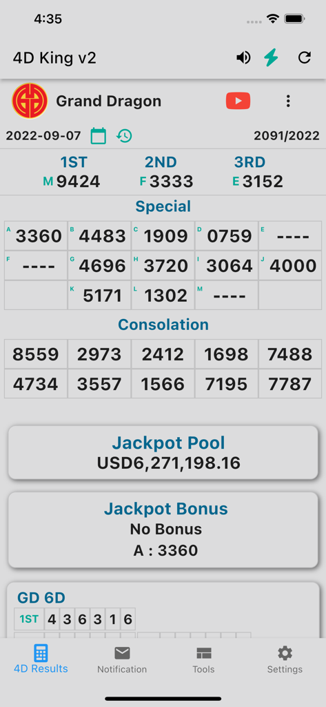 4D King V2 Live 4D Results - Interface of the 4D King V2 app showing live Grand Dragon Lotto results including prize numbers and jackpot amount.