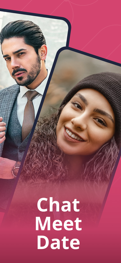 Hombre y mujer iraníes en la aplicación de citas IranianPersonals con el texto Chat Meet Date