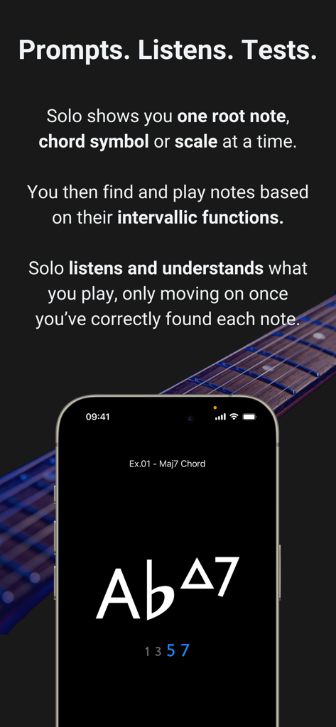 Solo - Fretboard Visualization - Screenshot of Solo app showing interactive chord exercises and fretboard visualization
