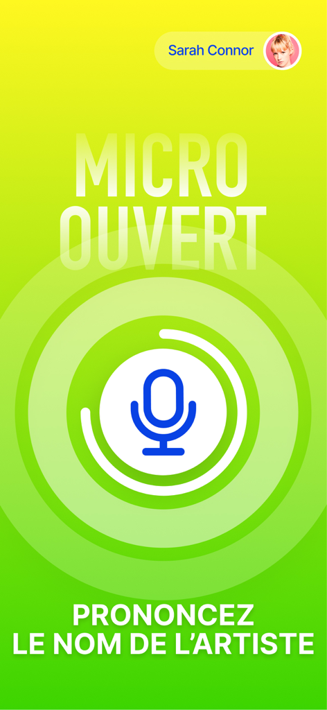 ThisisBlindTest app interface showing a microphone icon and a prompt to say the artist name for a music trivia game