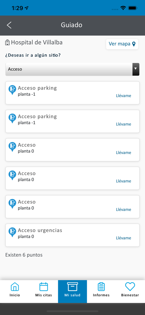 H.U. General de Villalba - Navigation menu in the Hospital General de Villalba app showing access points for parking and emergencies.
