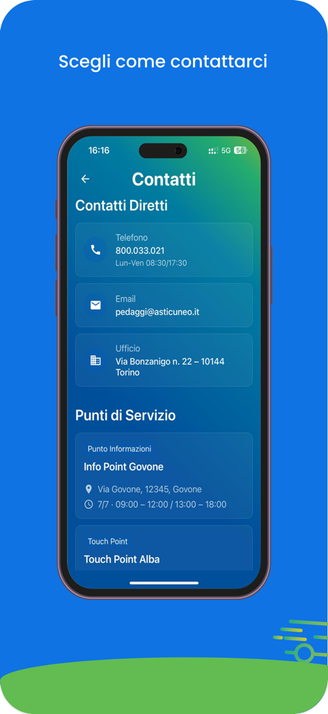 FreeFlow A33 - Contact information screen for FreeFlow A33 app showing customer support details and service points.
