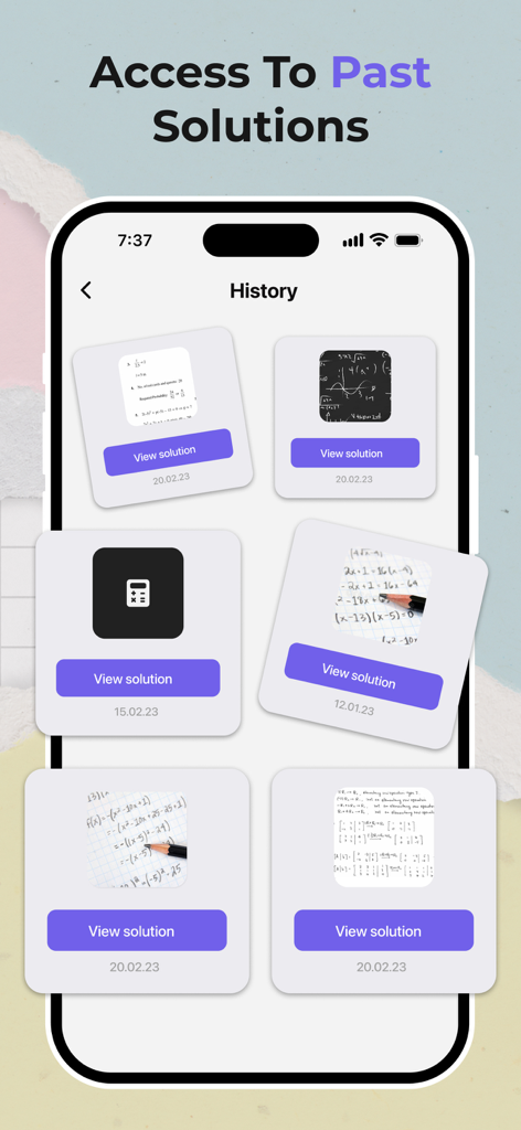 Math Solver - Homework Helper - History screen of Math Solver app showing a list of past solved homework problems with view solution buttons.