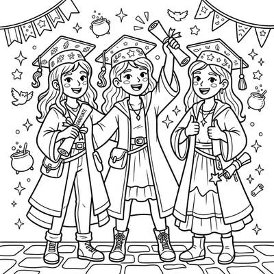 Join three joyous young witches as they celebrate their graduation day, diplomas in hand and magic in the air. This delightful coloring page captures the excitement of their academic achievement and magical journey.