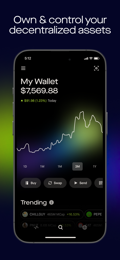 Robinhood Wallet: Swap Crypto - Aplicativo Robinhood Wallet mostrando o saldo do portfólio de um usuário e criptomoedas em alta
