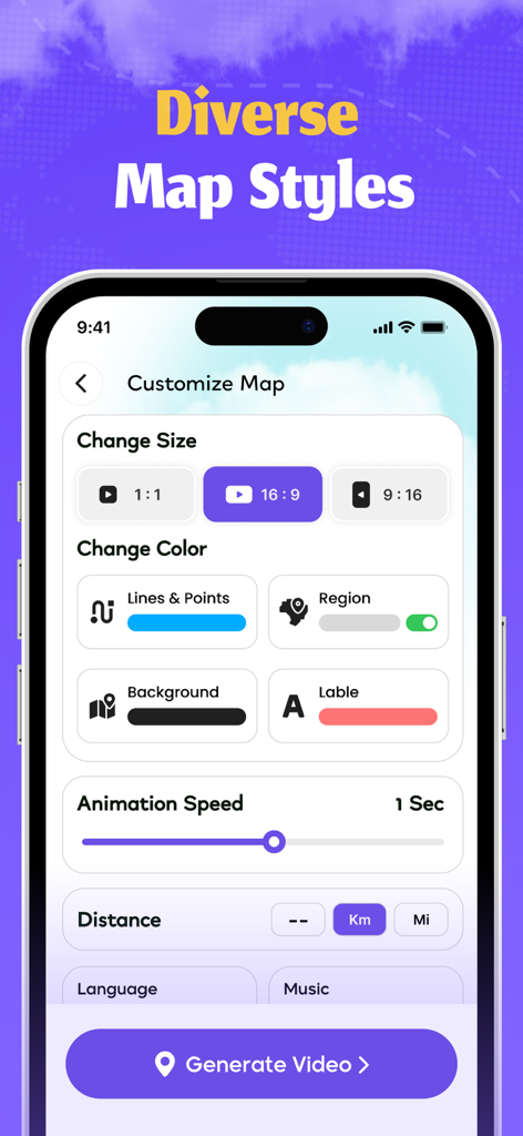 Interface for customizing map styles, aspect ratios, colors, and animation speed in the Travel Animator app.