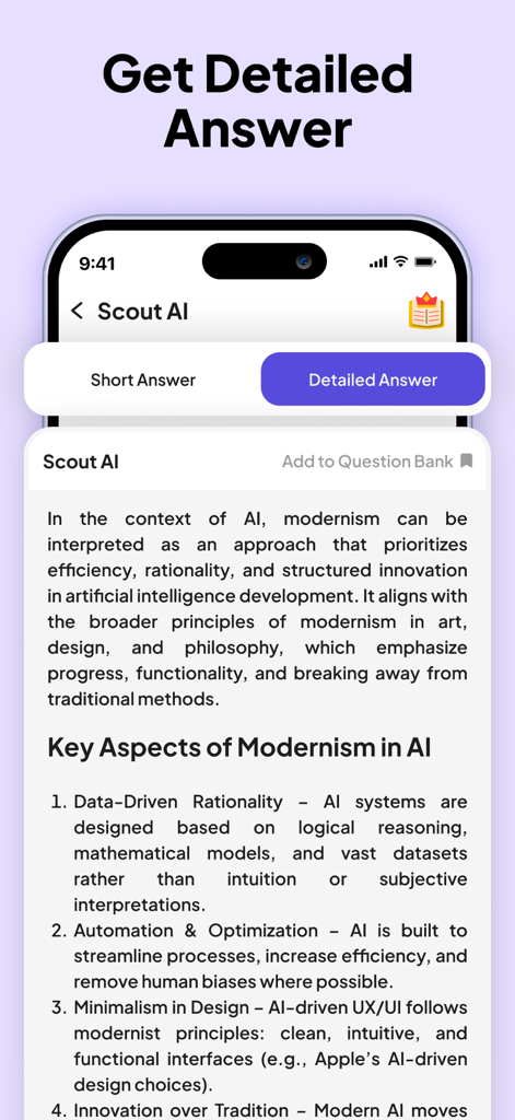 AI Homework Helper, Scan Solve - Interfaz de la aplicación Scout AI Homework Helper que muestra una respuesta detallada con texto estructurado