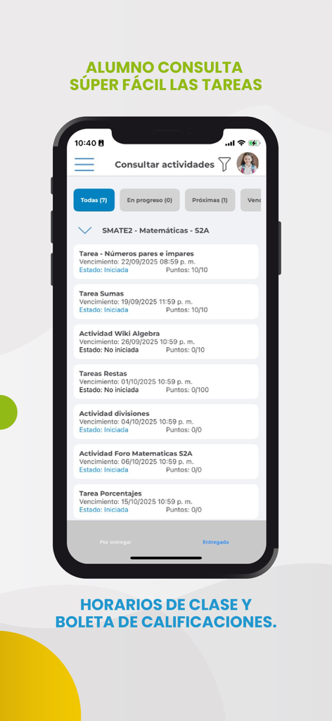 Tela do aplicativo Servoescolar Movil mostrando uma lista de trabalhos de matemática do aluno com datas de vencimento e pontos