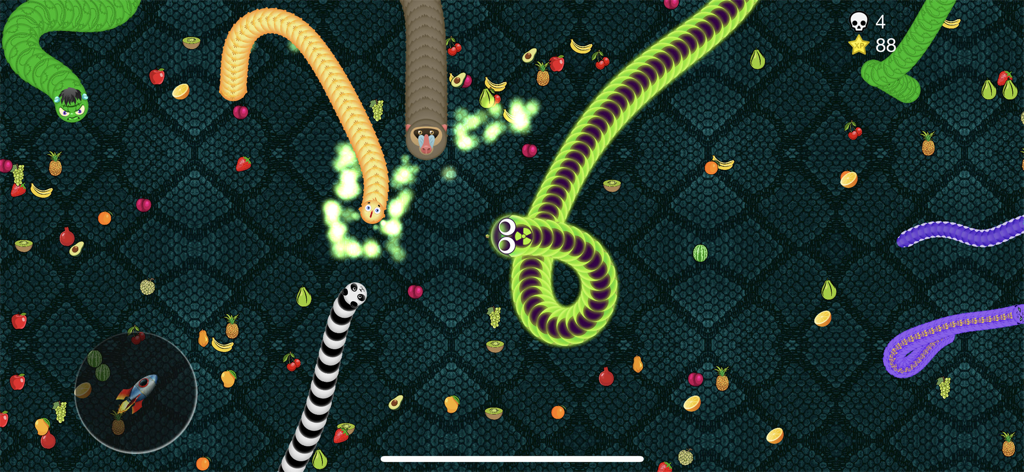 Multiplayer snake battle arena in Viper.io featuring colorful worm skins and fruit food.