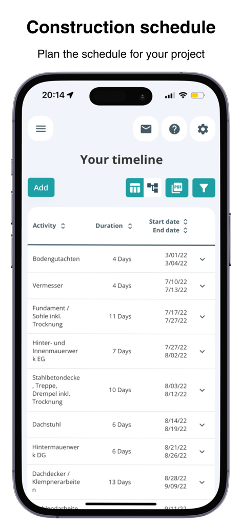 POCASIO House Building Manager - POCASIO House Building Manager construction schedule interface showing project timeline activities and dates