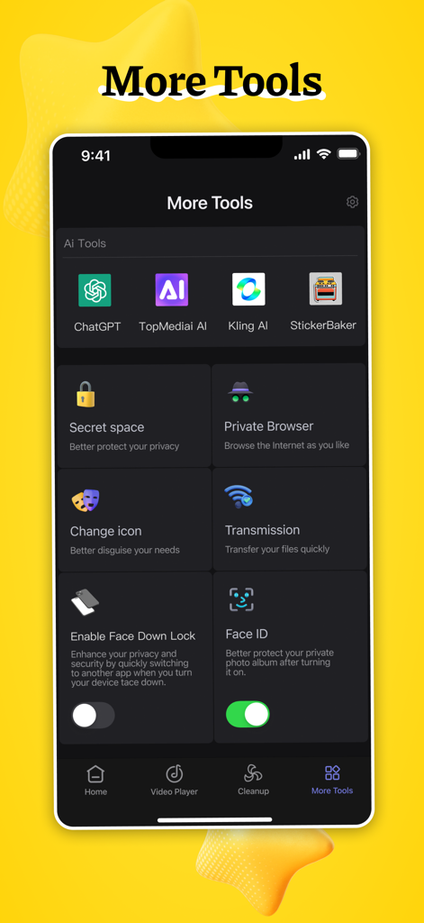A mobile interface showing various utility tools including AI assistants, private browser, secret space, and Face ID security settings.