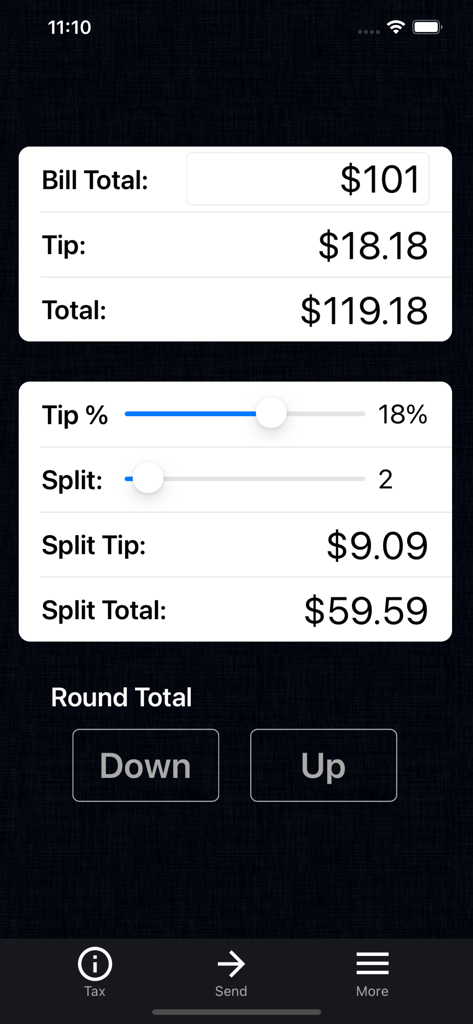 Tip Calculator % Pro - Tip Calculator Pro app interface showing a bill total of 101 dollars with an 18 percent tip split between two people