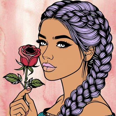 realistic woman with braids holding a single rose