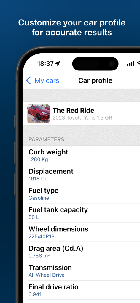 A smartphone screen displaying technical parameters and specifications in the PerfExpert car profile setup