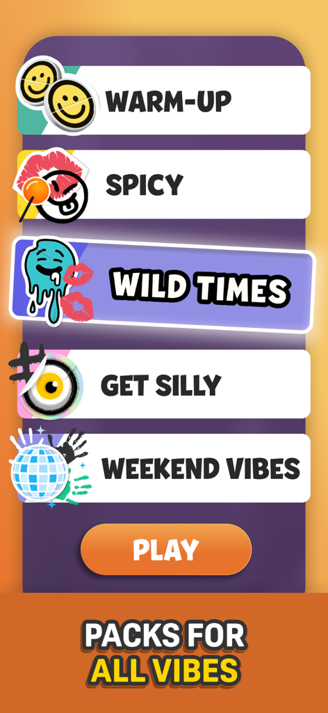 Party Circleモバイルアプリのメニュー画面。ソーシャルな集まりのためのWarm-Up、Spicy、Wild Timesなどのゲームパックが表示されている。