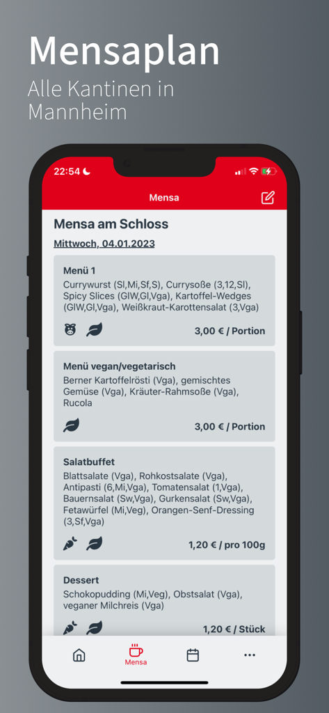 Interfaz del plan de comedor DHBW CampusApp mostrando opciones de menú diarias de la cafetería