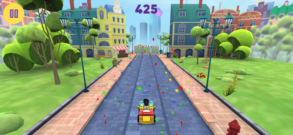 A character driving a yellow and red lego car down a city street with colorful buildings in the background