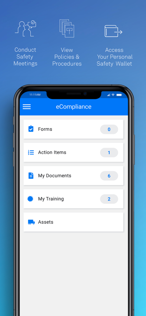 eCompliance – Safety App - eCompliance safety app dashboard showing forms action items and documents