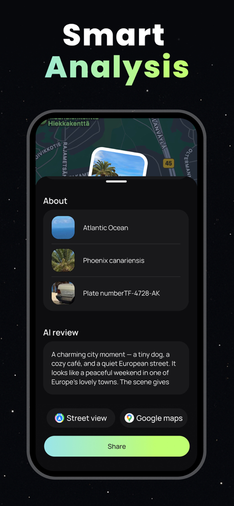 Pinzy: Photo Location Finder - Pinzy app smartphone interface showing smart AI analysis identifying photo location and visual elements
