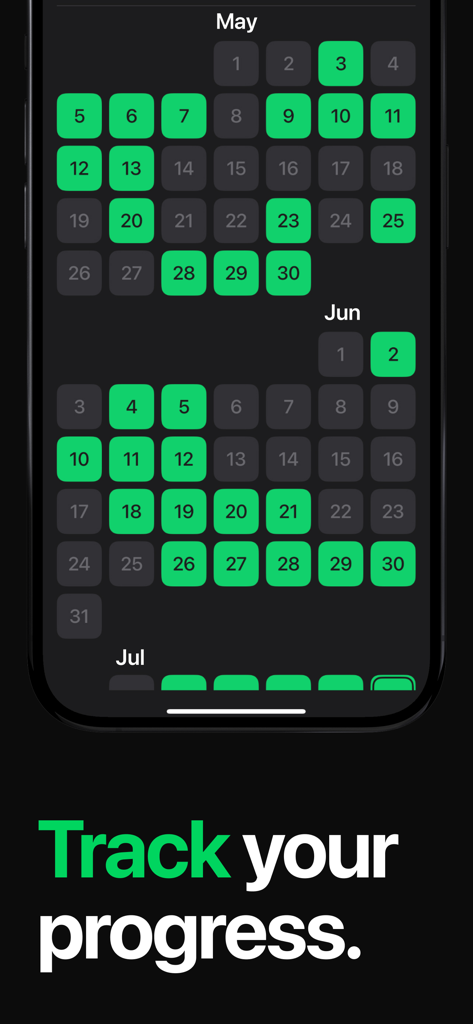 A workout consistency calendar in the Setgraph app showing months with green squares for logged training days