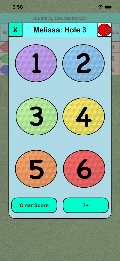 Mini-Golf Score Card - Digital score entry screen for a mini-golf game showing numbered golf ball buttons from one to six.