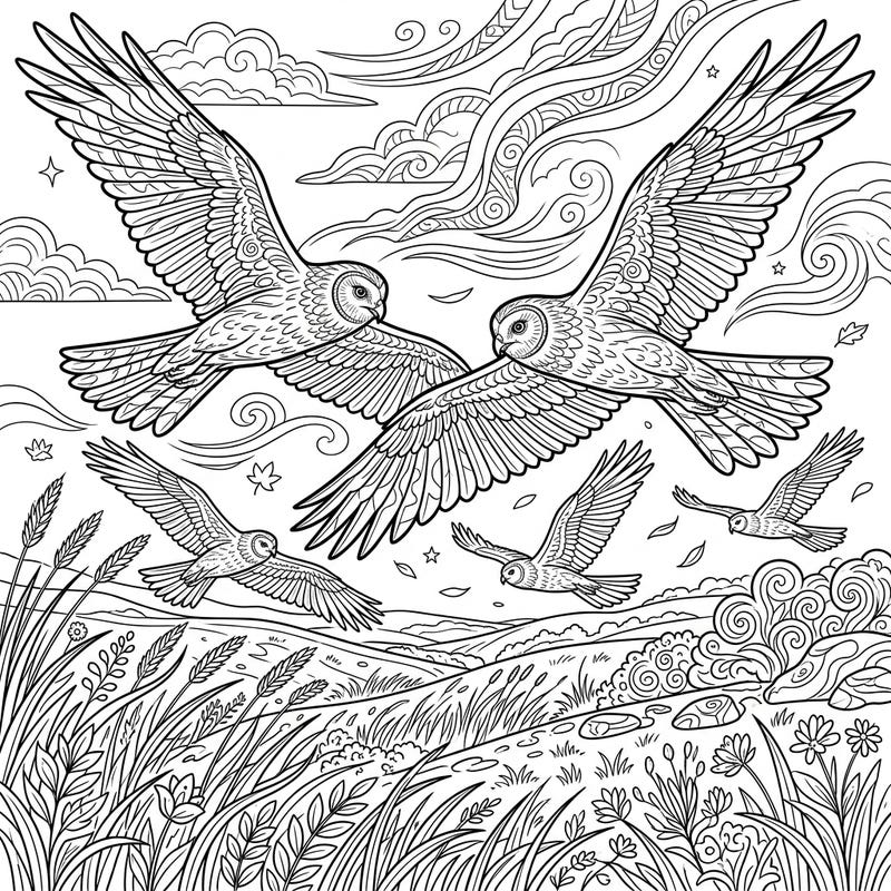 Immerse yourself in the beauty of nature with this exquisite harrier bird coloring page, specifically designed for seniors. Enjoy the clear lines and engaging details as you bring these majestic birds to life with your favorite colors.