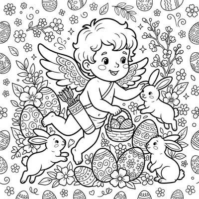 Bring this delightful Easter scene to life with your favorite colors! A playful Cherub Cupid, surrounded by hopping bunnies and beautifully decorated eggs, invites you to a festive spring celebration.