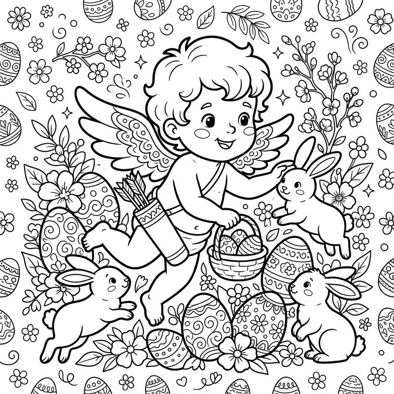 Bring this delightful Easter scene to life with your favorite colors! A playful Cherub Cupid, surrounded by hopping bunnies and beautifully decorated eggs, invites you to a festive spring celebration.