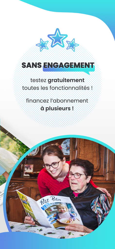 Une jeune femme et une femme âgée lisant ensemble un journal familial imprimé