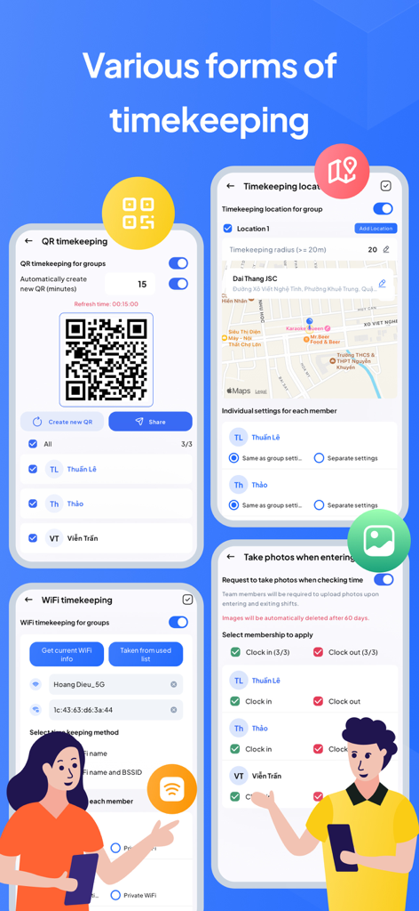 Timesheet & Payroll: EzWork - QR 코드, GPS 및 Wi-Fi 추적을 포함한 다양한 시간 기록 방법을 보여주는 EzWork 모바일 인터페이스
