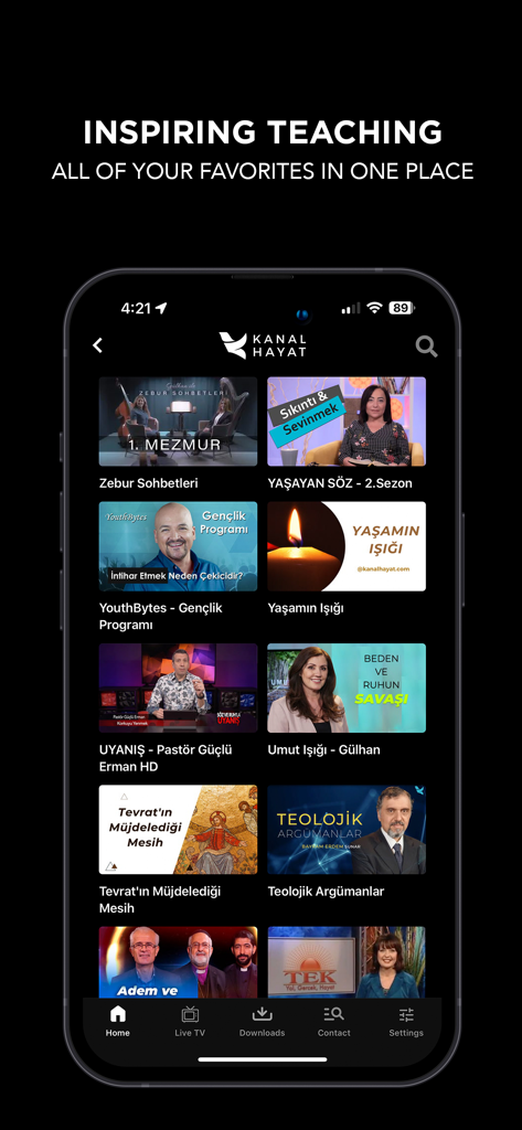 Kanal Hayat TV - Interface of the Kanal Hayat TV app home screen displaying a library of Christian religious videos and sermons in Turkish.