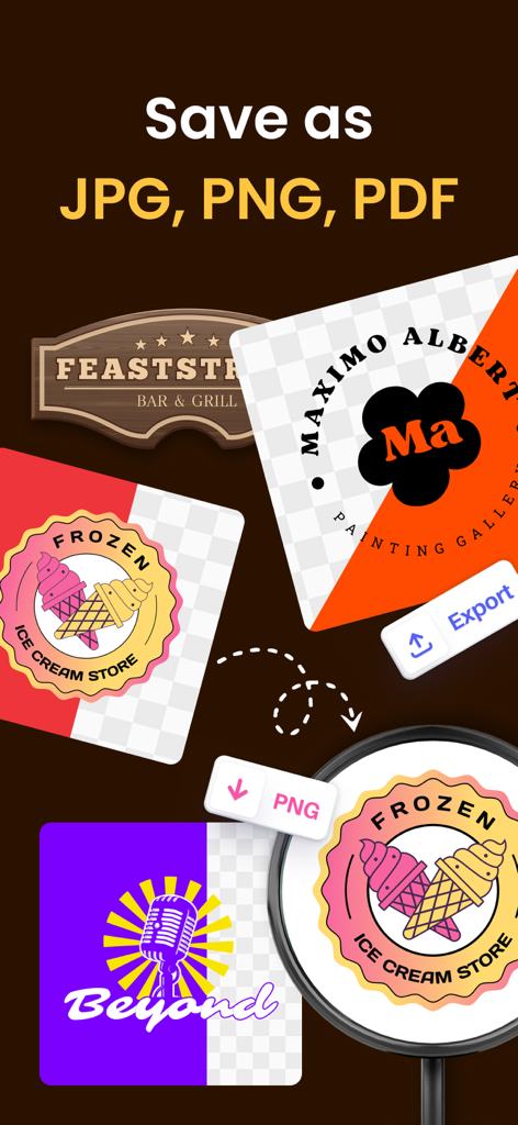Logo Maker : Brand Maker - Interfaz mostrando opciones para guardar logos como archivos JPG PNG y PDF con ejemplos de diseños de marcas de helados y podcasts