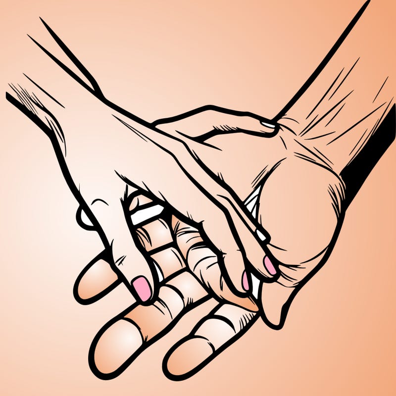 a realistic hand holding another hand but the other hand is not realistic