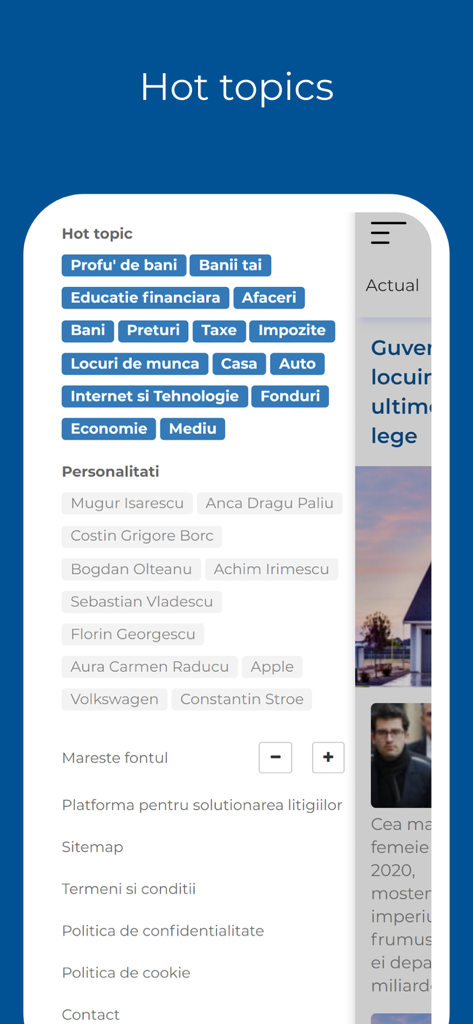 Ziare.com 앱 메뉴에 인기 토픽 태그와 루마니아 유명 인사의 이름이 표시됩니다.