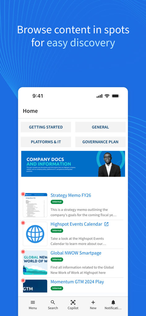 Highspot - Highspot mobile app home screen showing sales content spots and internal company documents