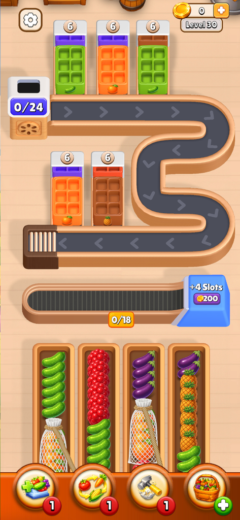 Farm Loop: Harvest Puzzle - Farm Loop Harvest Puzzleのモバイルゲームプレイ。農場をテーマにした背景のコンベアベルト上の野菜選別パズルが表示されています。