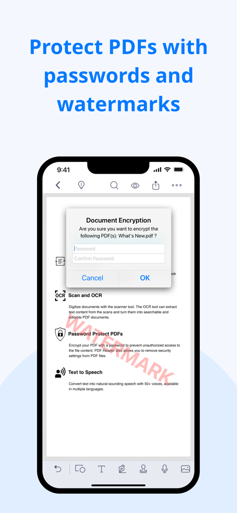 PDF Reader - Editor & Viewer - iPhone screen showing KDAN PDF document encryption popup and a watermark on a document