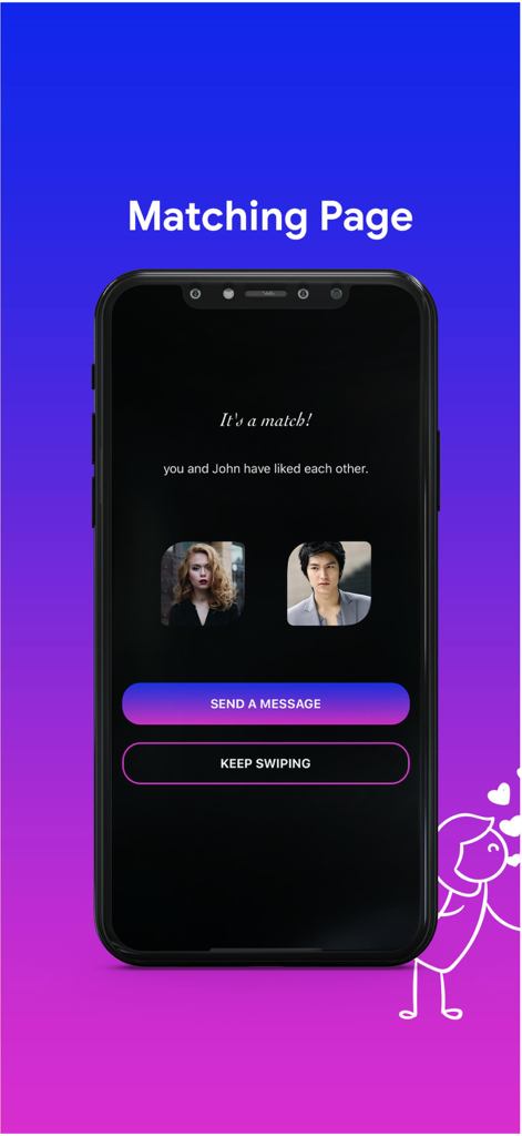 Igniter - On Demand Dating App - A smartphone displaying the Igniter dating app match screen where two users have liked each other with options to send a message or keep swiping.