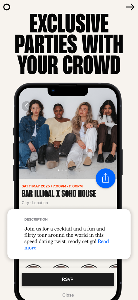 Inner Circle dating app screen showing an exclusive party event at Soho House with an RSVP option for its curated community.