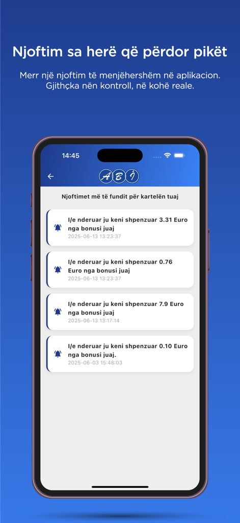 ABI Bonus - ABI Bonus app interface showing a list of notifications for reward points spent at supermarkets.