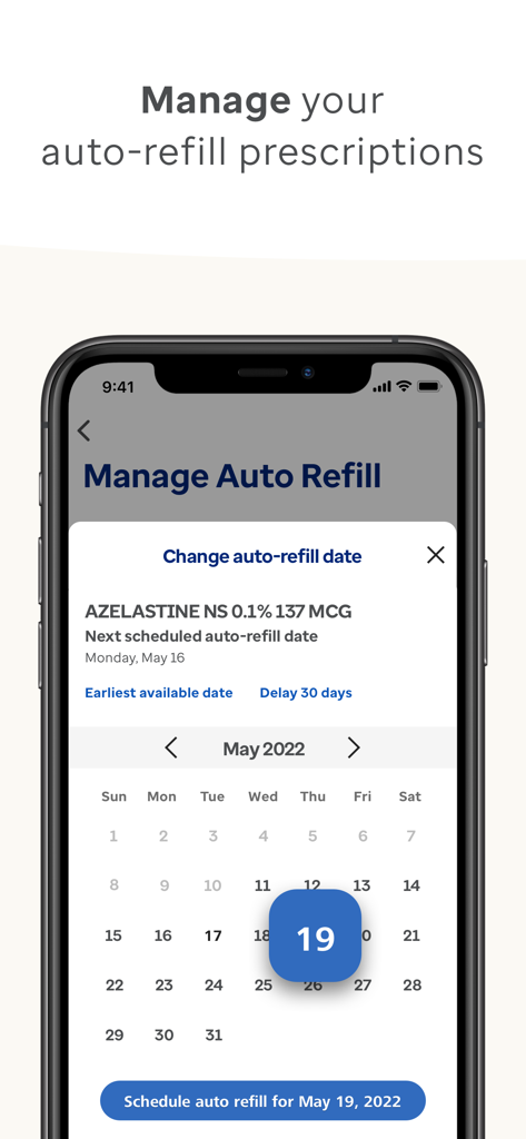 A mobile interface for the OptumRx app showing how to schedule and manage automatic prescription refills using a calendar