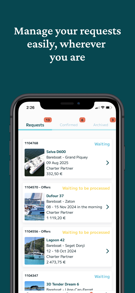 Samboat - Boat rental & Yacht - Samboat mobile app screen showing a list of pending boat rental requests for various yachts and motorboats