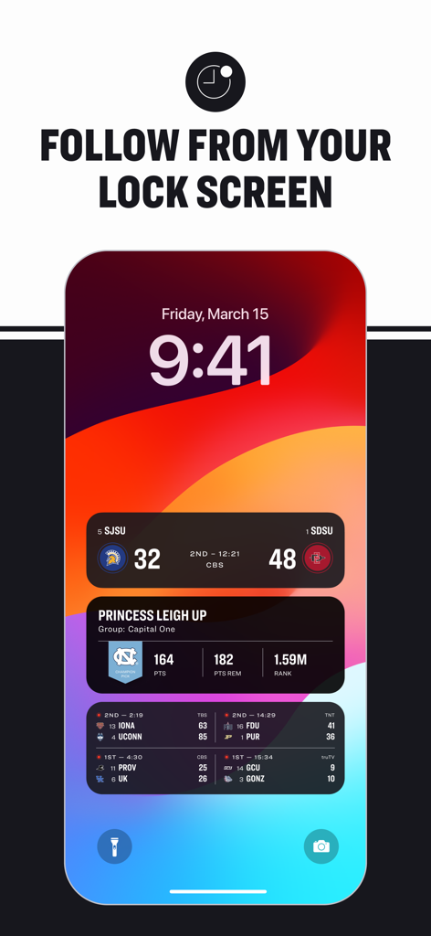 Pantalla de bloqueo del iPhone mostrando marcadores de baloncesto universitario en vivo y actualizaciones del desafío del bracket de la aplicación NCAA March Madness Live