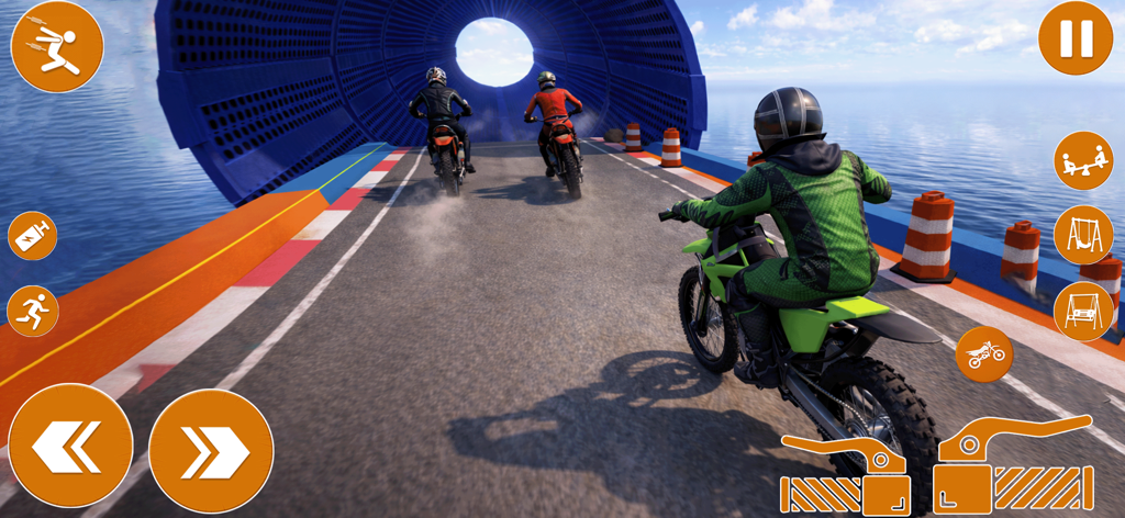 Vista en tercera persona de motos de cross compitiendo en una pista de acrobacias sobre el océano