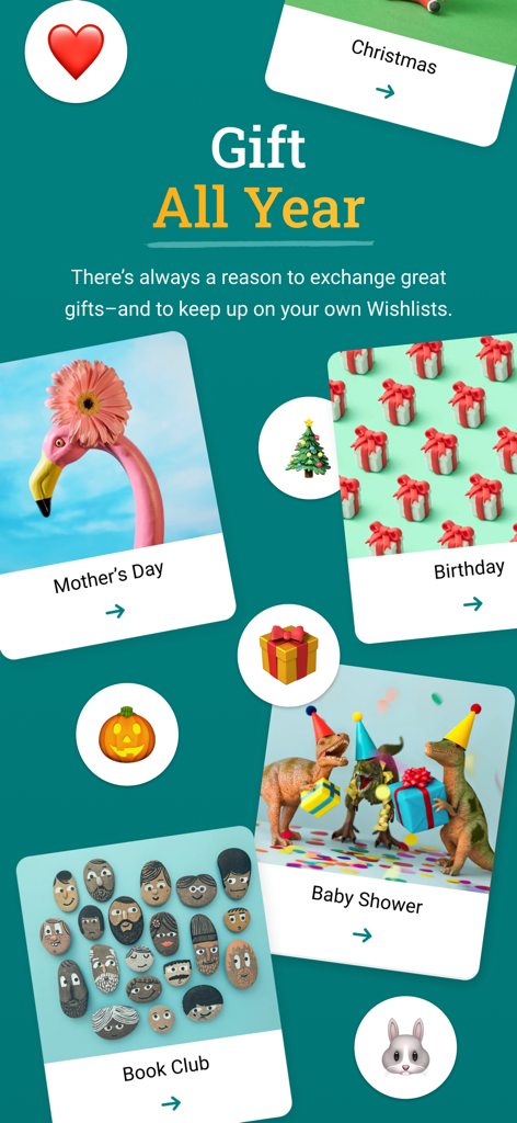 L'interfaccia dell'app Elfster che mette in mostra varie occasioni regalo durante l'anno, tra cui Festa della Mamma, Compleanni e Baby Shower.