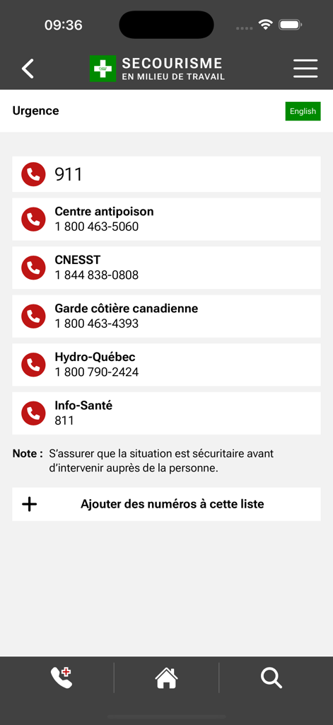 Secourisme - Milieu de travail - Emergency contact list in the Secourisme app displaying numbers for 911 poison control and CNESST