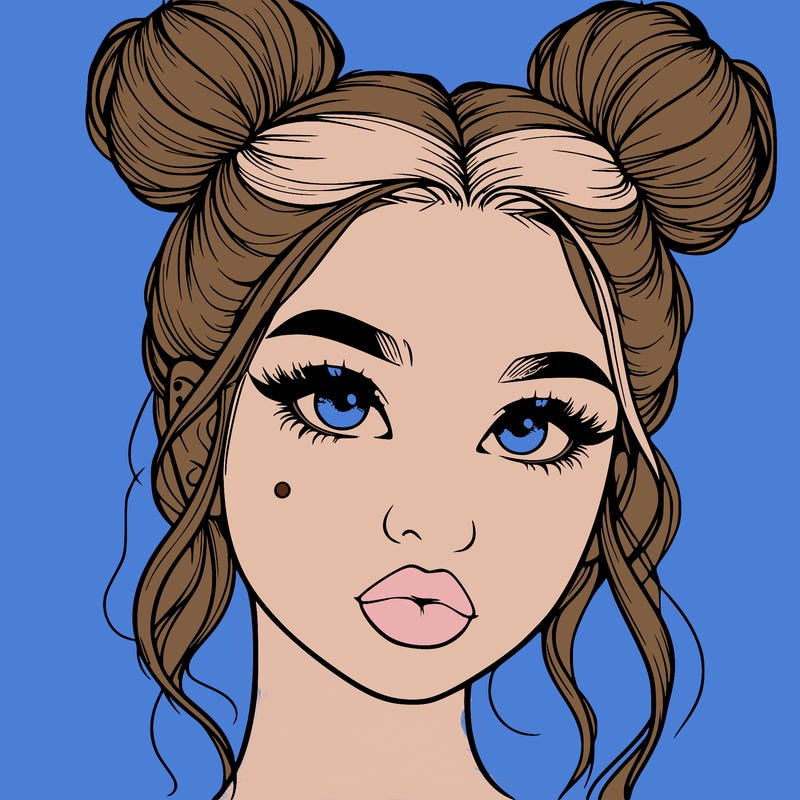 realistic girl with two buns on her hair and lips